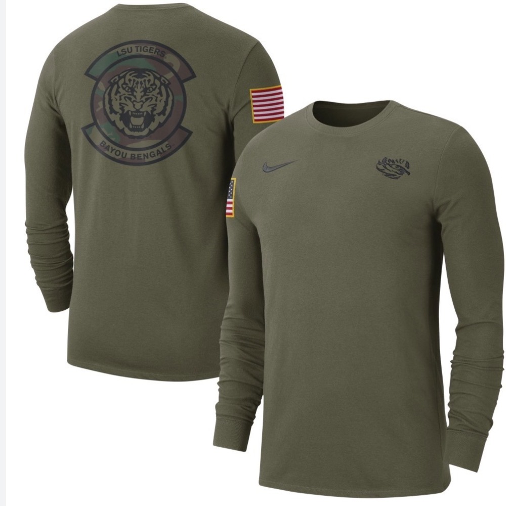 Nike LSU Tigers Bayou Bengals Olive Long Slv Military Pack Men XL FJ8436-222 NWT